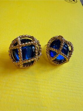 Gold-Tone Rope Frame Blue Glass Dome pierced Earrings